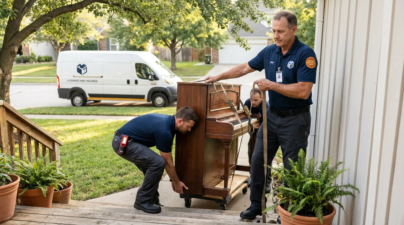 Licensed piano movers securing grand piano in Fairfield, CT