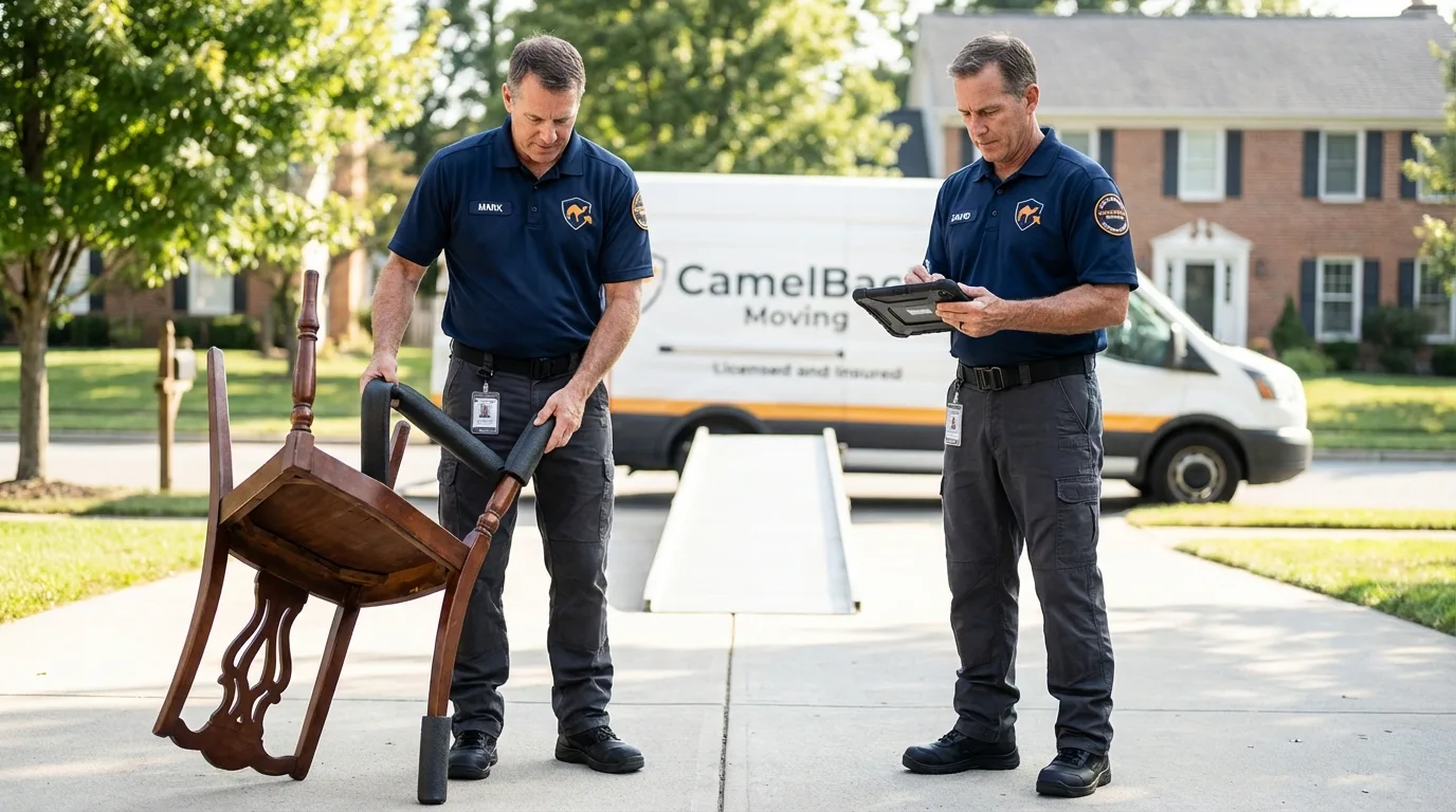 Movers inspecting furniture for damage prevention before loading in Fairfield, CT