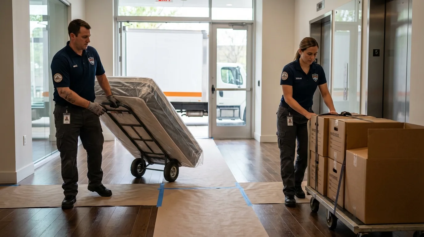 Professional apartment movers loading elevator in Fairfield, CT